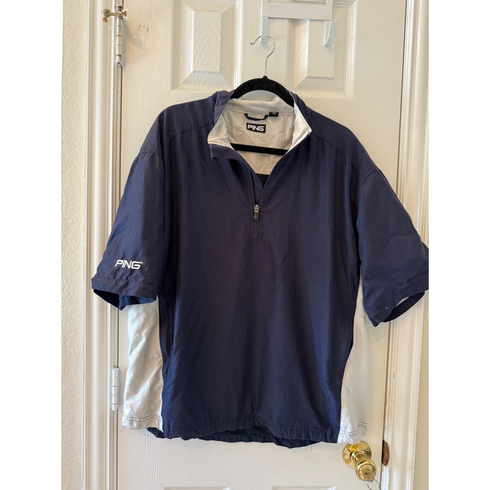 PING Golf 1/4 Zip Windbreaker Pullover Navy Gray Short Sleeve‎ L